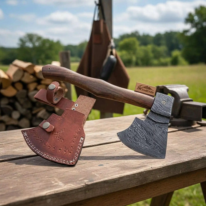 Backcountry Survival Hatchet — Artisan Damascus Edge with Premium Wood Grip