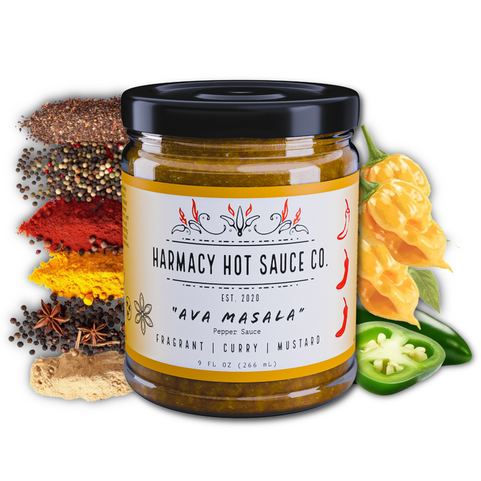 Ava Masala curry mustard sauce jar with spices and peppers