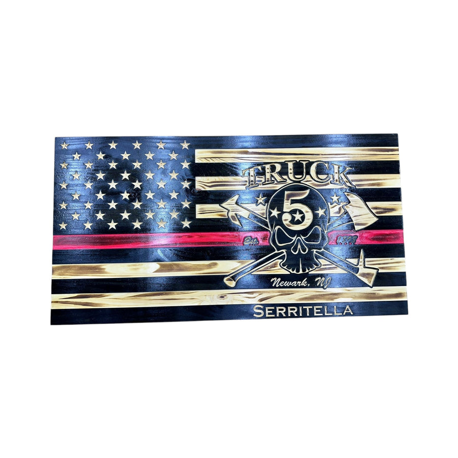 Custom Thin Red Line Wooden Flag with Firefighter Logo