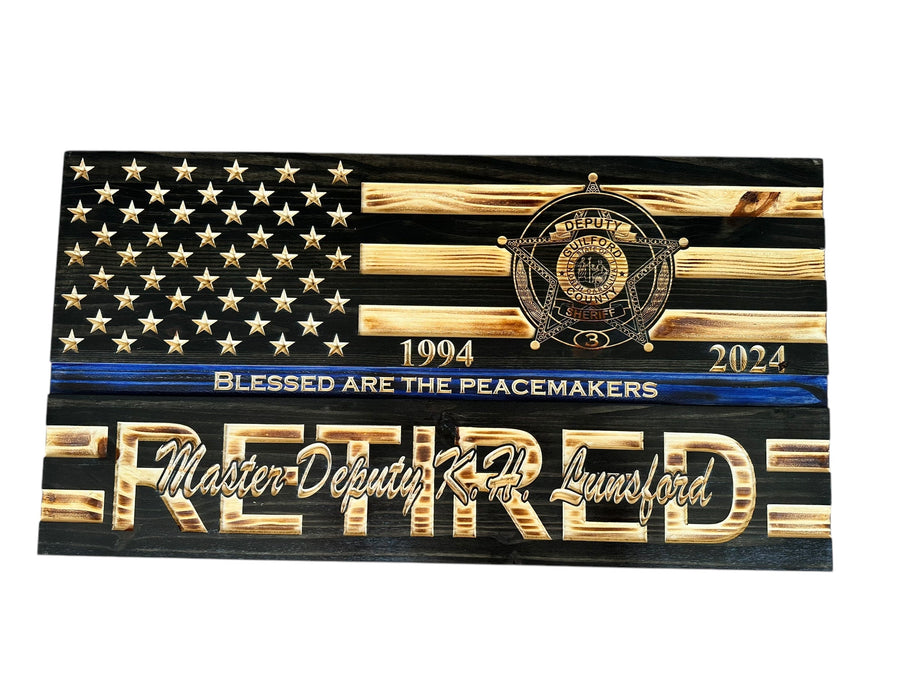 Custom Retirement Wooden American Flag with Engraved Badges
