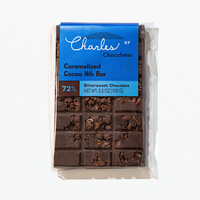 Caramelized Cocoa Nib Dark Chocolate Bar in labeled packaging