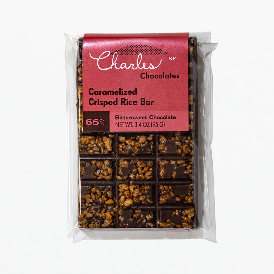 Dark Chocolate Caramelized Crisped Rice Bar in labeled packaging