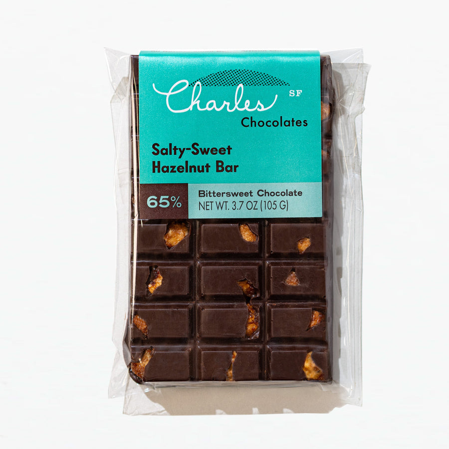 Salted Hazelnut Dark Chocolate Bar in labeled packaging