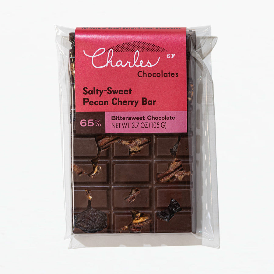 Salted Pecan & Cherry Dark Chocolate Bar in labeled packaging