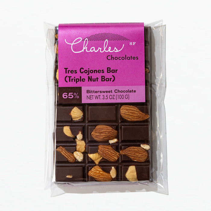 Triple Nut Dark Chocolate Bar in labeled packaging