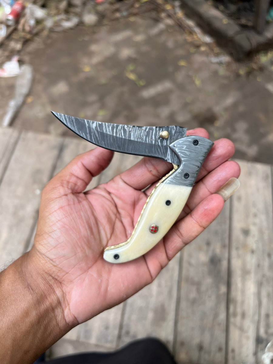Handmade Damascus Folding Knife with Bone Handle – Compact EDC Pocket Knife with Leather Sheath
