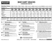 Bar Cart Snacks ingredients and nutrition facts chart showing calorie content and snack varieties including salted nuts and trail mix.