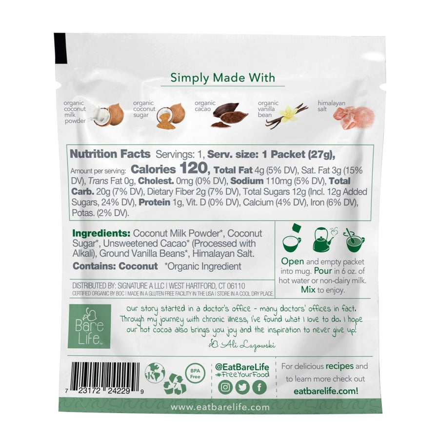 Instant Dairy Free Coconut Hot Cocoa Mix  | Single Serving 10 Pack |Gluten Free, Vegan and Organic