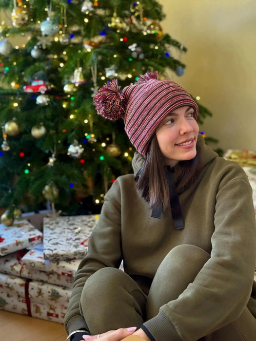 Patented H Stitch Beanie, Double Pom Pom, Multi Color