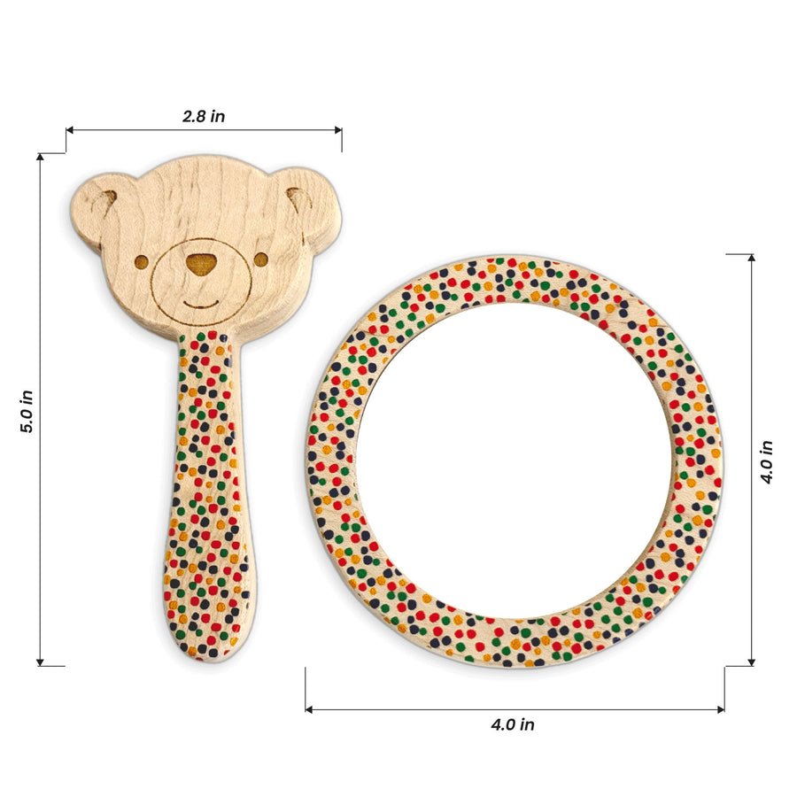 Wooden animal rattle and coordinating round discovery mirror with dimension annotations
