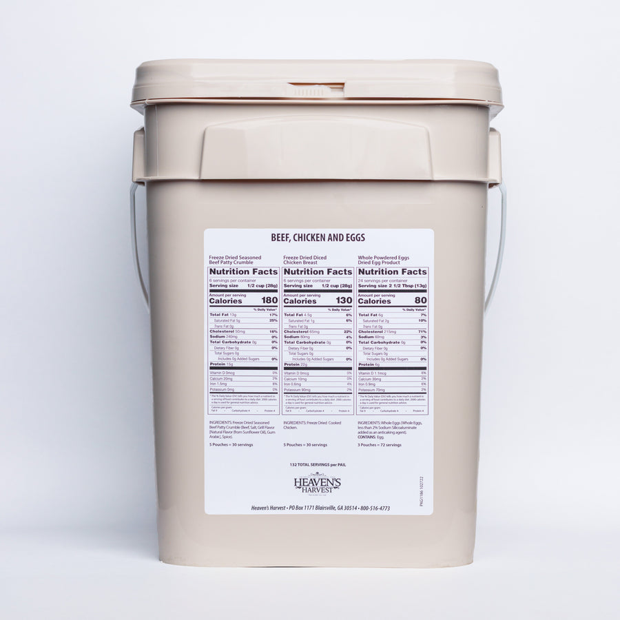 Protein food bucket with rear nutrition label