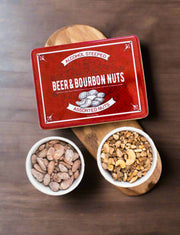 Assorted Beer & Bourbon Liquor Nuts in Gift Tin with cashews, peanuts, and almonds perfect for guys, game night, birthdays, and barbecues