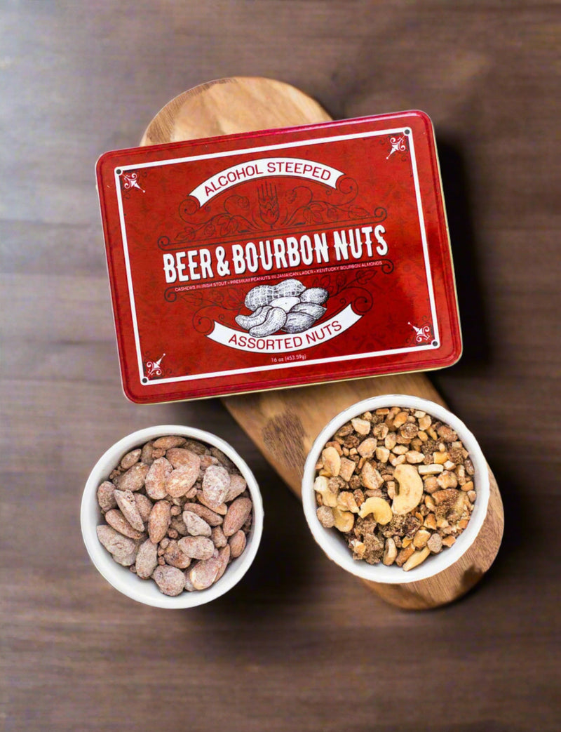 Assorted Beer & Bourbon Liquor Nuts in Gift Tin with cashews, peanuts, and almonds perfect for guys, game night, birthdays, and barbecues