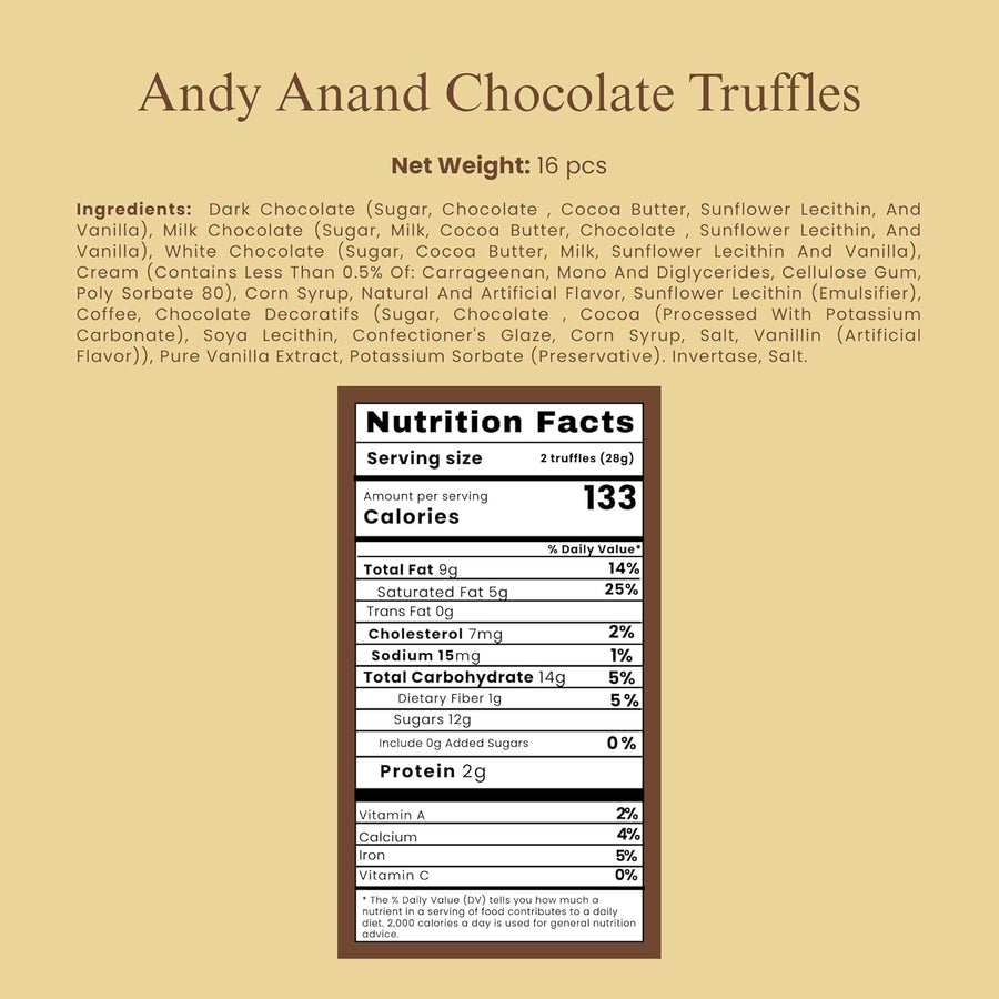 Andy Anand Assorted Belgian Chocolate Truffles Gift Box, 16 pc – Handmade Creamy Filled Gourmet Chocolates, Birthday & Holiday Gift Box
