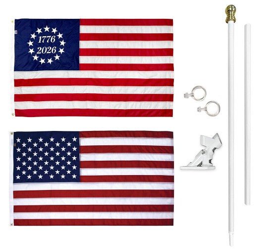Betsy Ross America 250 flag kit with 1776–2026 flag, U.S. flag, white pole and mounting bracket