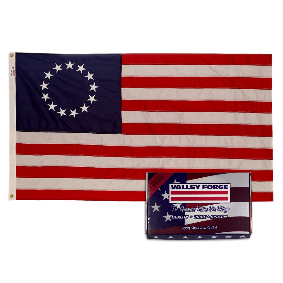 Betsy Ross nylon flag with 13-star circle, red and white stripes, brass grommets and retail box