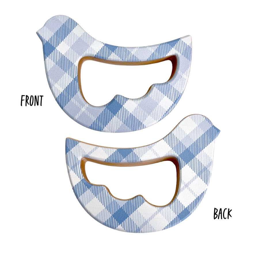 Blue Plaid Bird Maple Wood Rattle & Teether