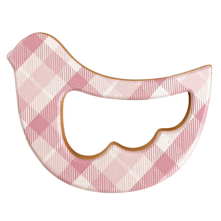 Pink Plaid Bird Maple Wood Rattle & Teether