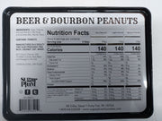 Nutrition facts label for Beer and Bourbon Peanuts men's gift tin showing ingredients, calorie count, and manufacturer details.