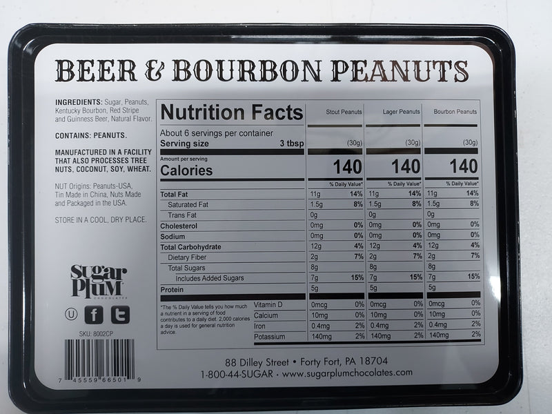 Nutrition facts label for Beer and Bourbon Peanuts men's gift tin showing ingredients, calorie count, and manufacturer details.