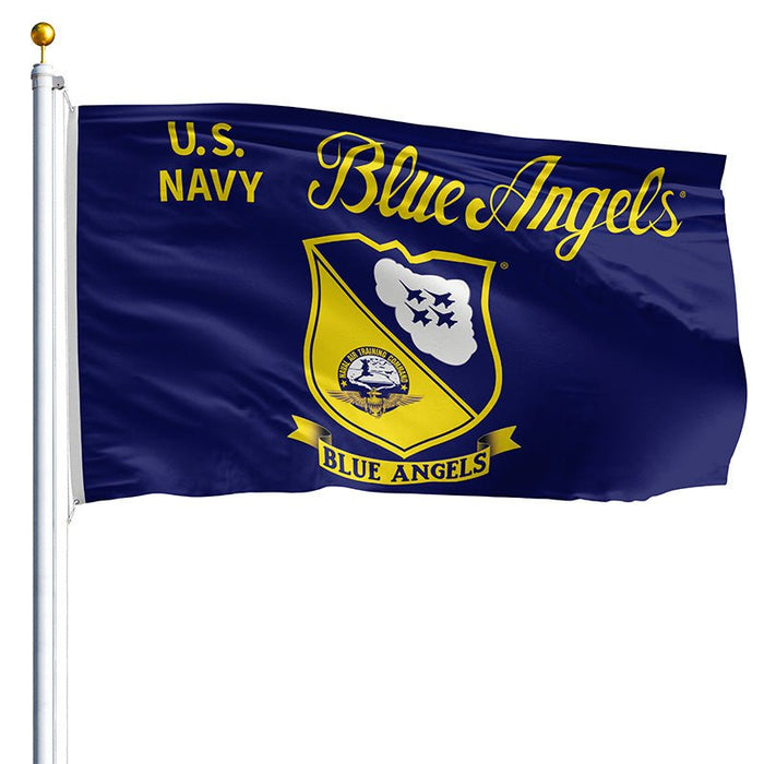 U.S. Navy Blue Angels flag flying from a flagpole with blue and yellow Blue Angels insignia
