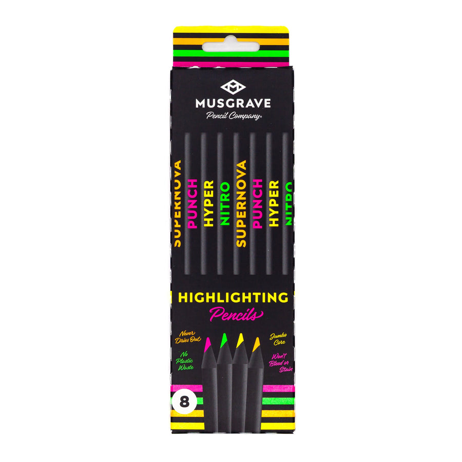 Front of the eight-count four-color highlighter pencil box