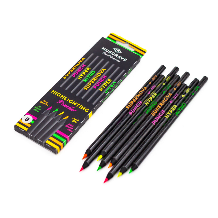 Eight black highlighter pencils with their four-color retail box