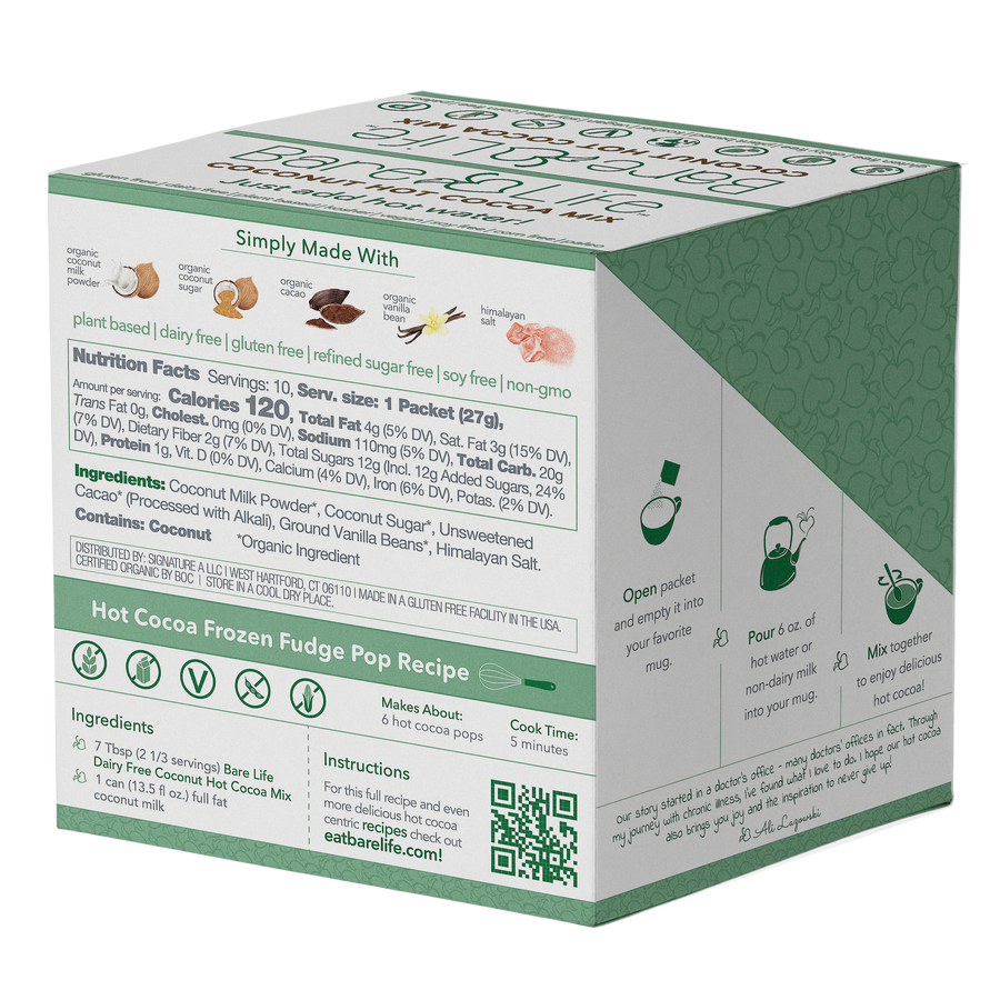 Instant Dairy Free Coconut Hot Cocoa Mix  | Single Serving 10 Pack |Gluten Free, Vegan and Organic