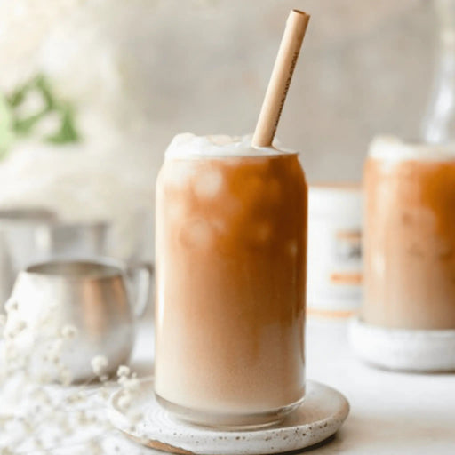 Holy City Straw Company branded reed straw in a iced coffee drink