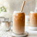 Holy City Straw Company branded reed straw in a iced coffee drink