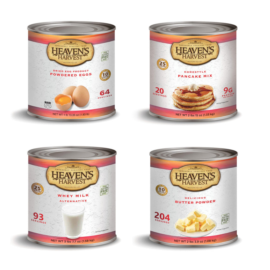 Four breakfast pantry cans: pancake mix, eggs, butter powder and whey milk alternative