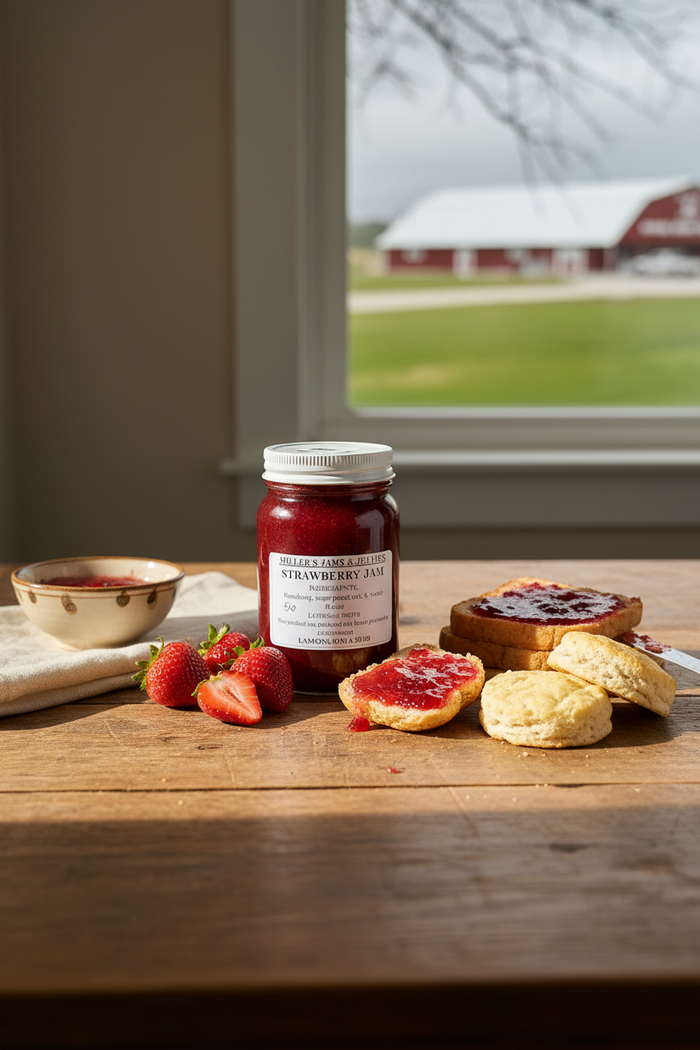 Miller’s Strawberry Jam jar with strawberries and biscuits in a styled breakfast scene.