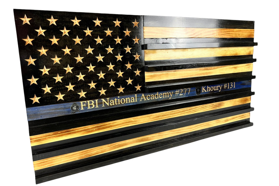 Custom Wooden Challenge Coin Display Flag with Engraved Badge