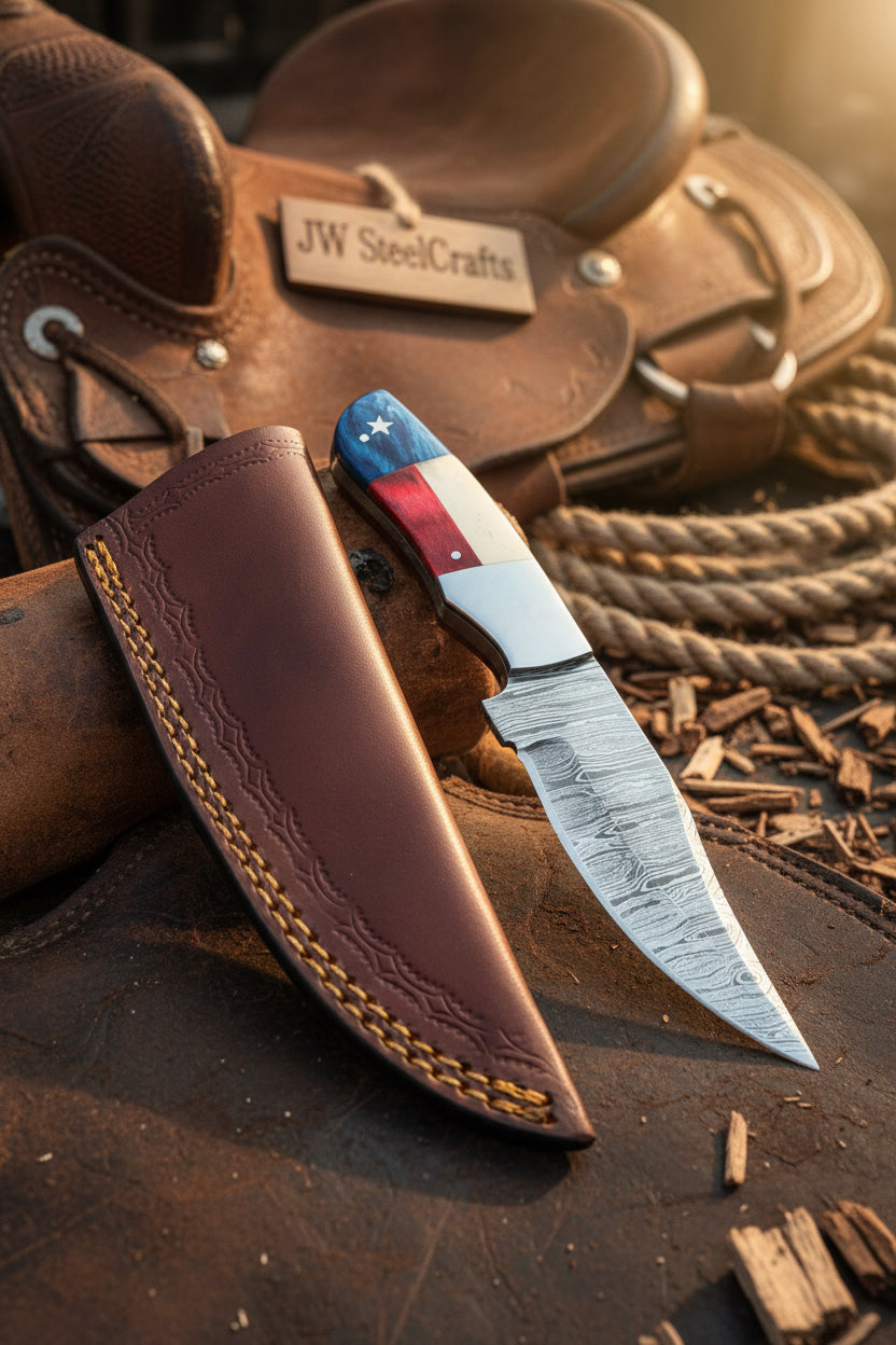 Damascus Camping Knife Fixed Blade USA Flag Resin Handle Outdoor Utility Knife with Sheath