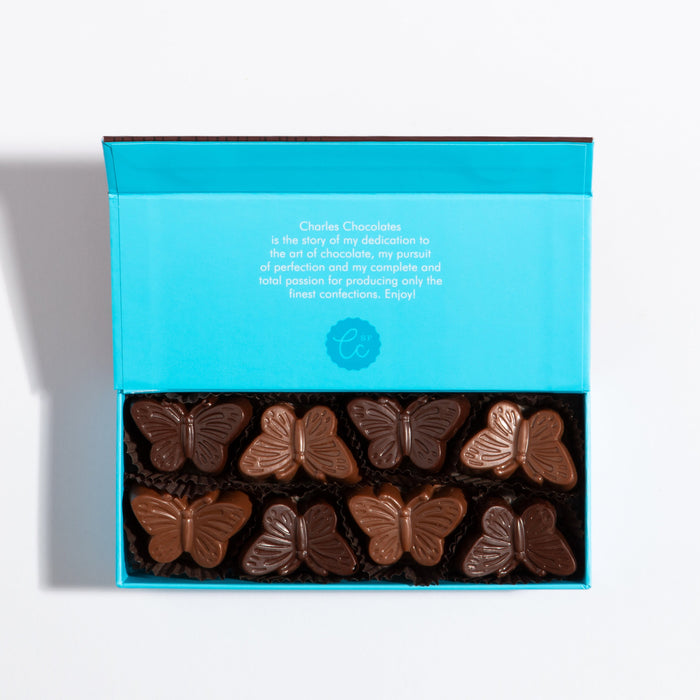 Open smaller box of Peanut Praline Chocolate Butterflies