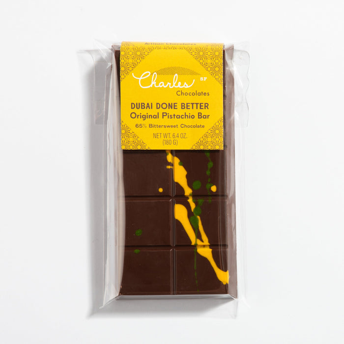 Original Dubai Pistachio Chocolate Bar in labeled packaging