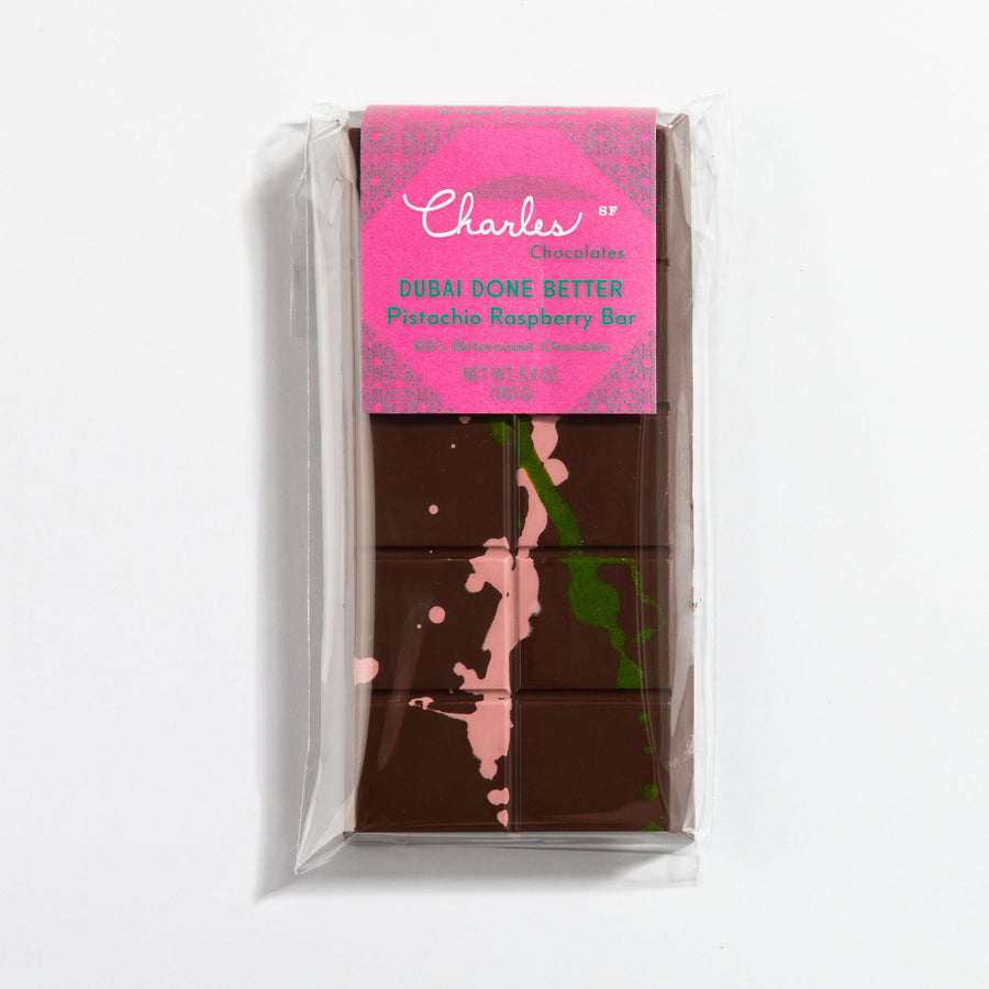 Raspberry Ganache Dubai Pistachio Chocolate Bar in labeled packaging