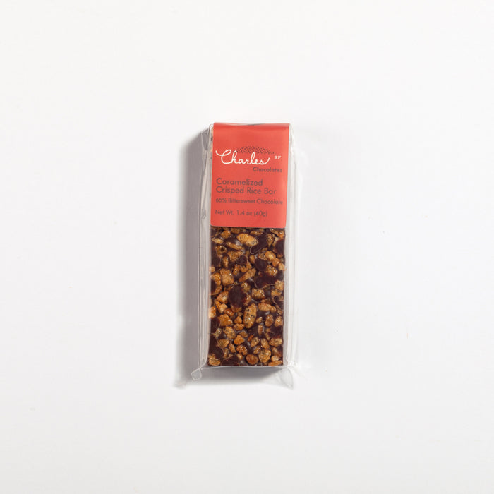 Mini Dark Chocolate Crisped Rice Bar in labeled packaging