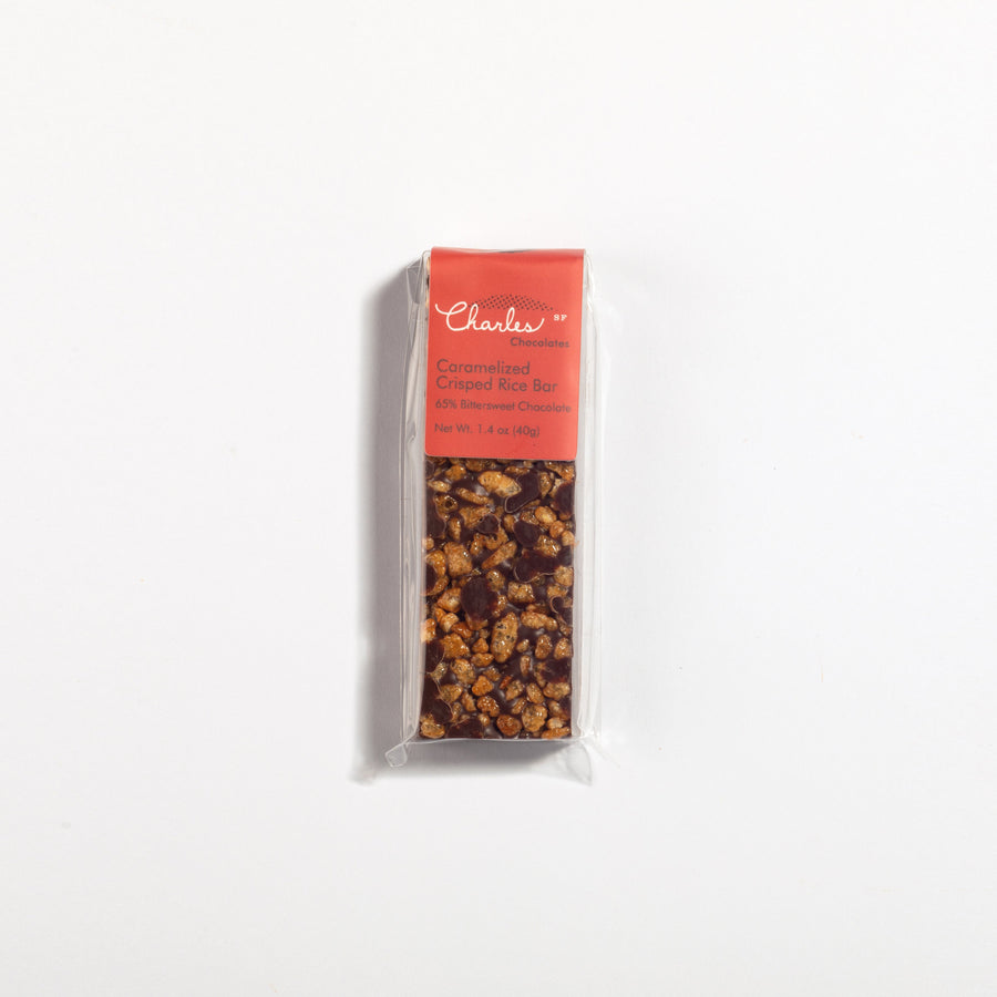 Mini Dark Chocolate Crisped Rice Bar in labeled packaging