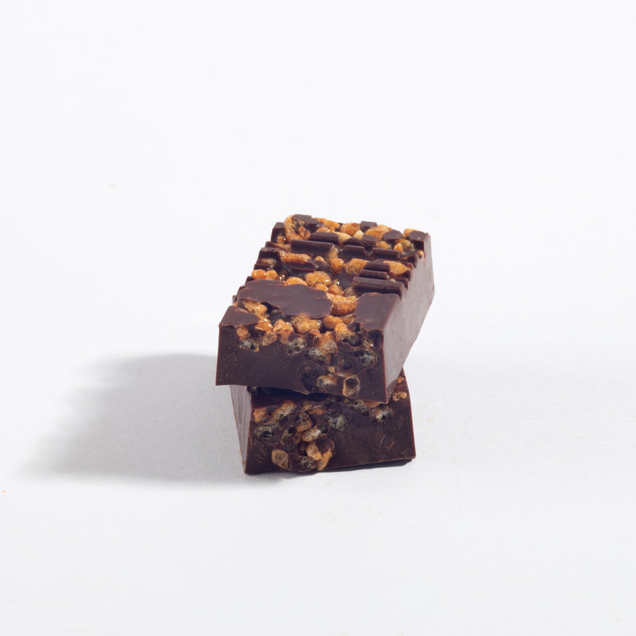 Stacked pieces of Mini Dark Chocolate Crisped Rice Bar