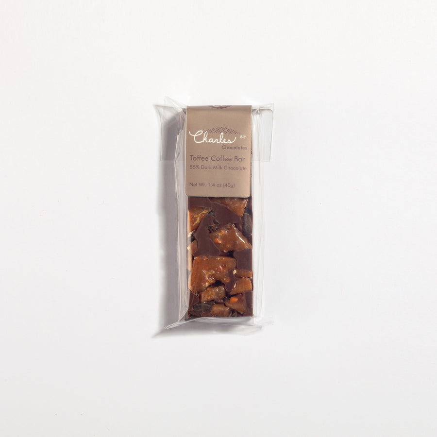 Mini Toffee Coffee Milk Chocolate Bar in labeled packaging