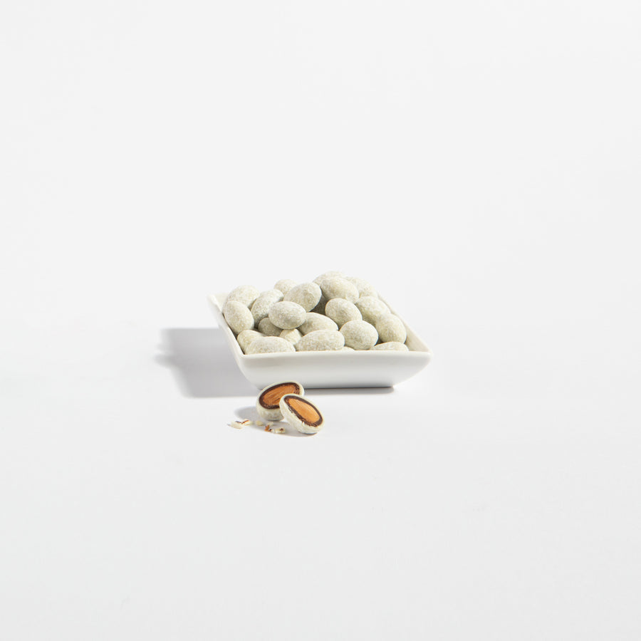 Mint Dark & White Chocolate Almonds in a serving dish