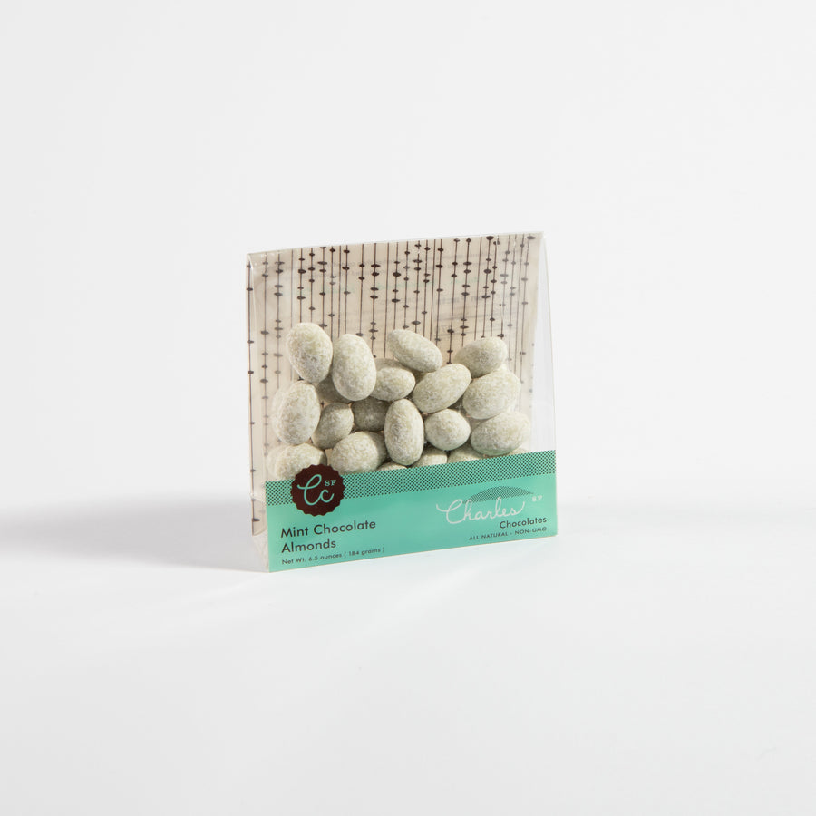 Labeled bag of Mint Dark & White Chocolate Almonds