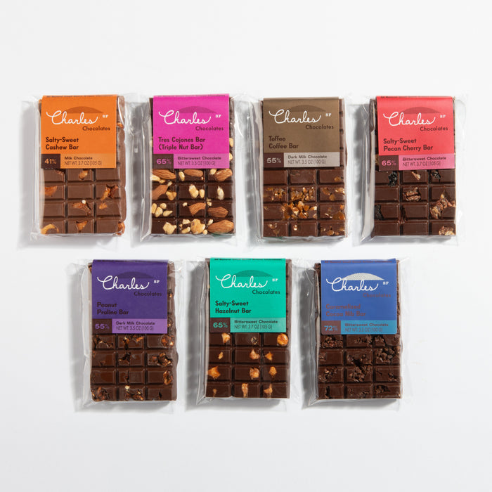 Seven wrapped chocolate bars in the Ultimate Chocolate Bar Collection