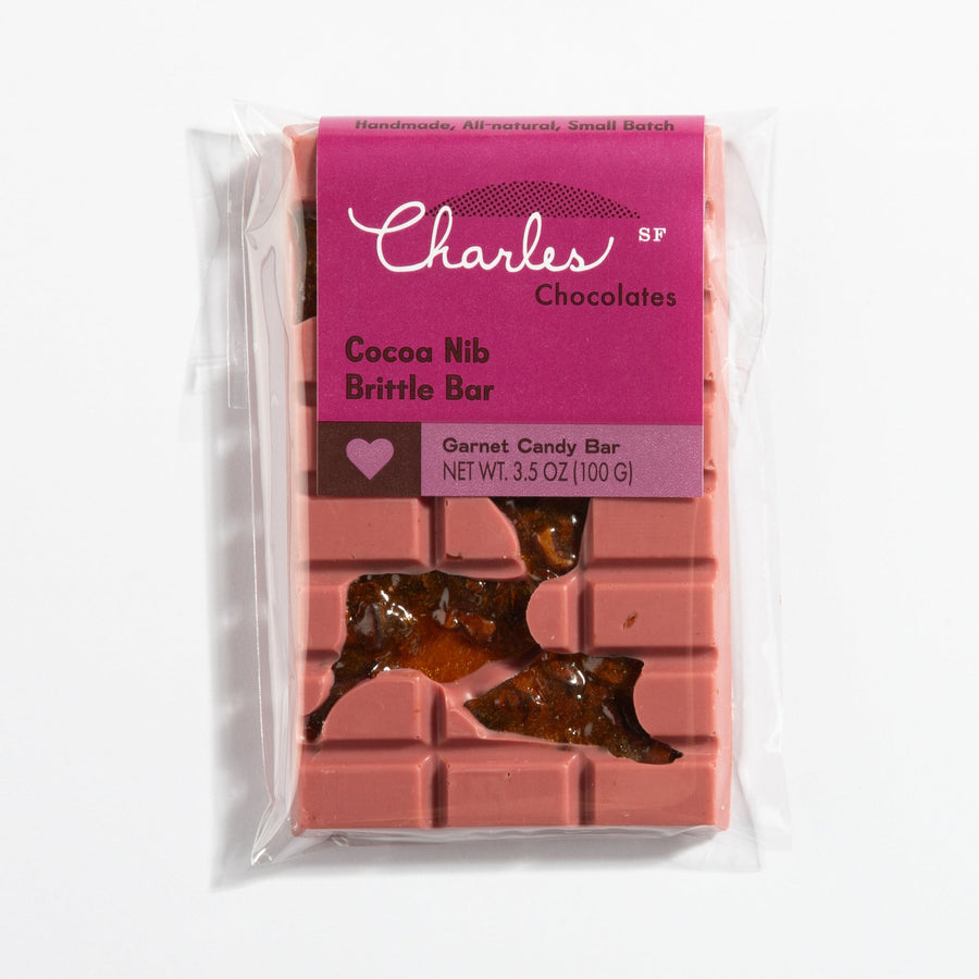 Ruby Chocolate Cocoa Nib Brittle Bar in labeled packaging