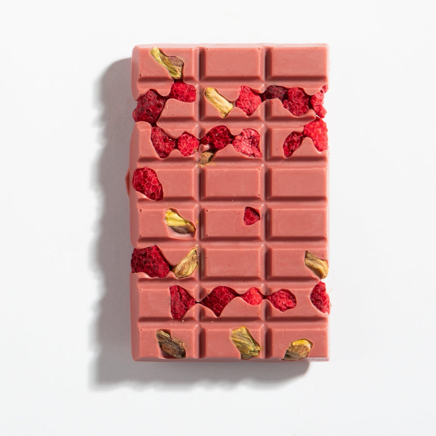 Unwrapped ruby chocolate raspberry and pistachio tablet