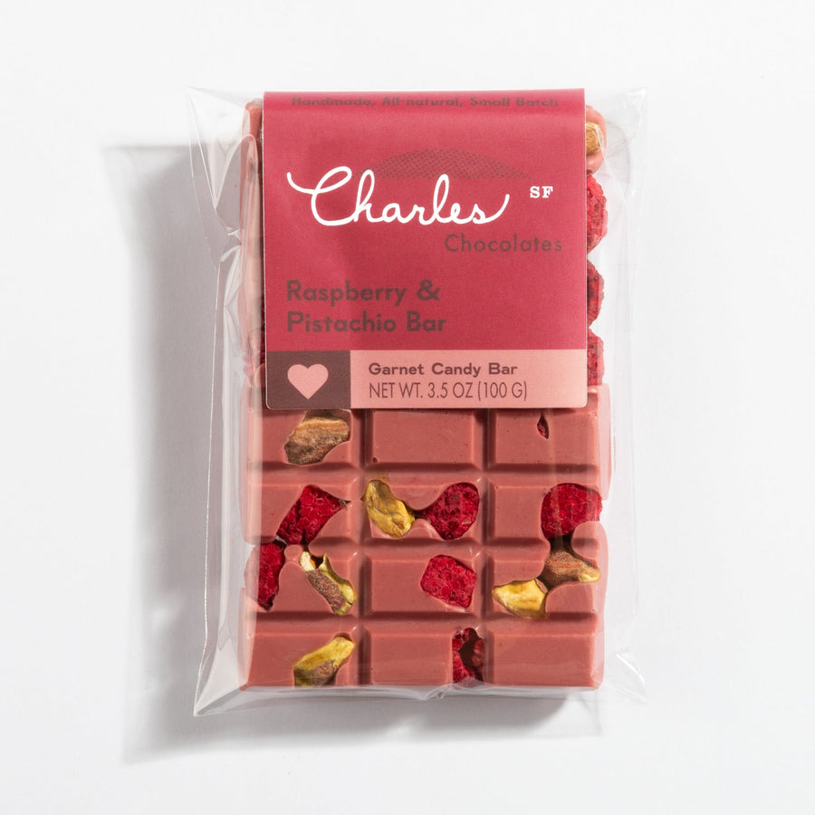 Ruby Chocolate Raspberry & Pistachio Bar in labeled packaging