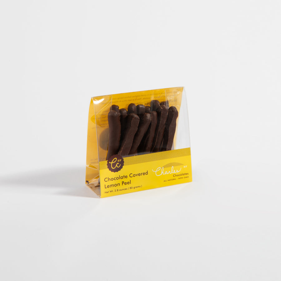 Single package of dark chocolate-covered candied lemon peel