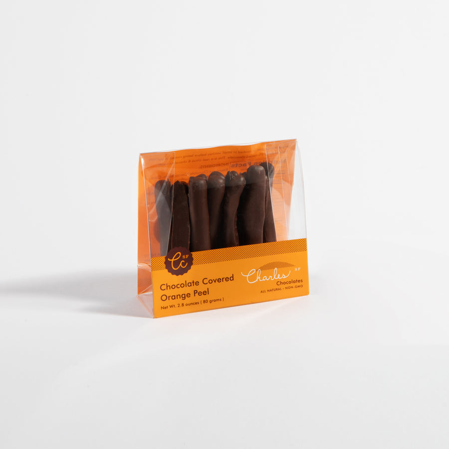Single package of dark chocolate-covered Valencia orange peel