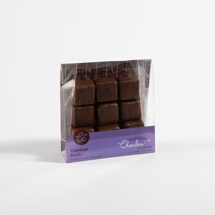 Labeled package of Gianduja hazelnut praline chocolate blocks